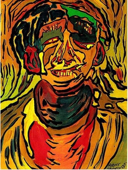 Abstract portrait with vivid colours and distorted facial features.