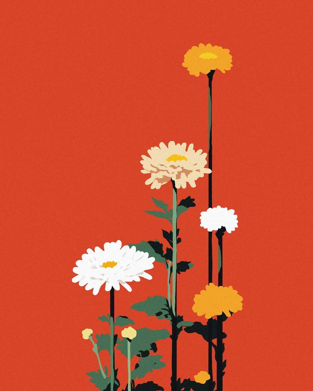 White and yellow flowers with green stems against a bright red background.