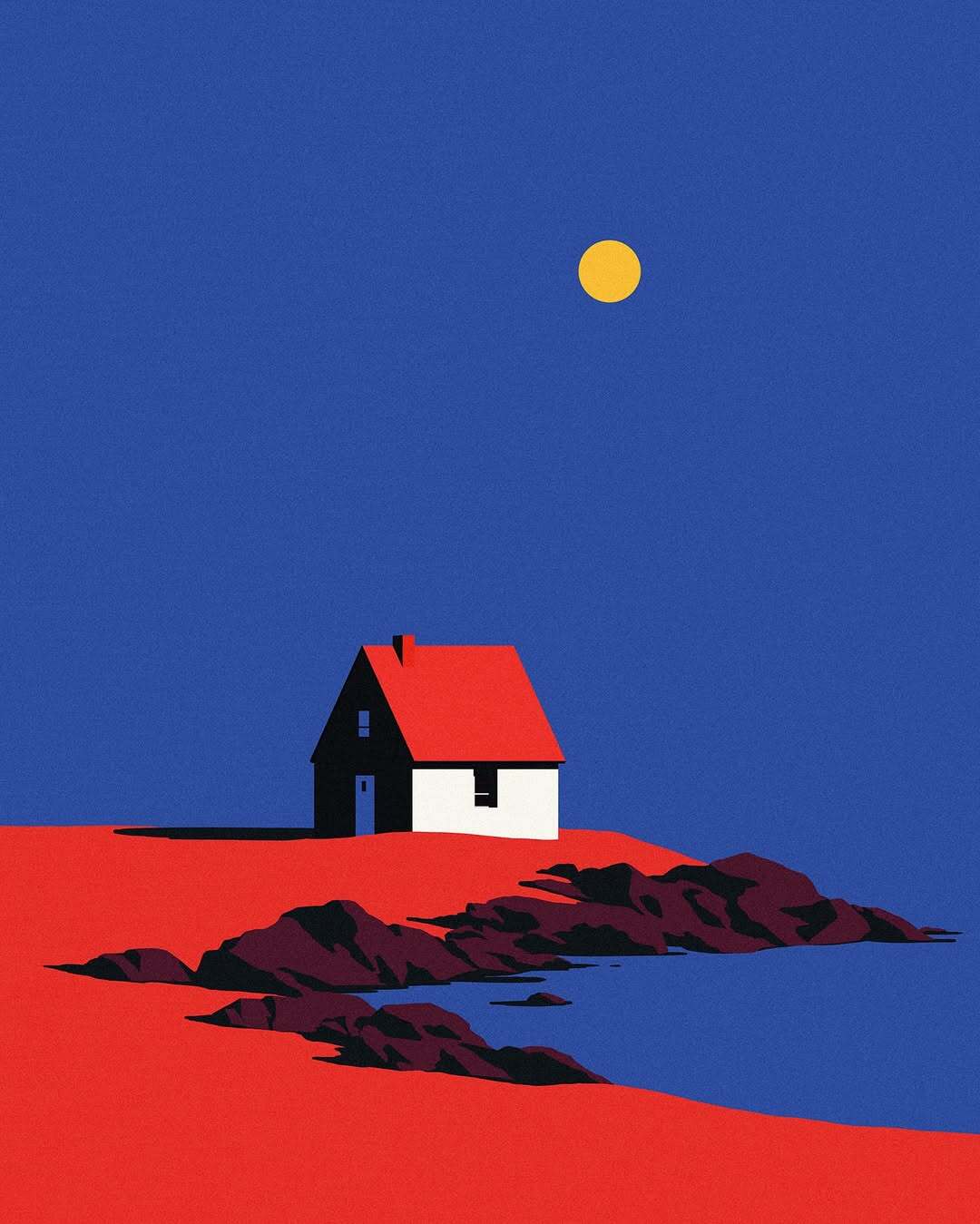 A simple white house with a red roof against a deep blue sky and a bright yellow moon.