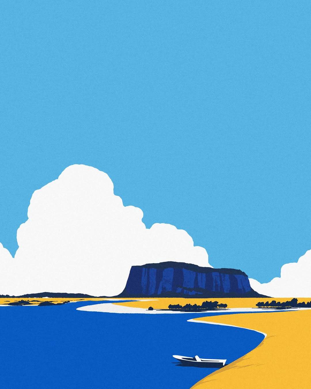 Landscape featuring a blue sky, whitish clouds, and a sandy beach with a mountain in the background.