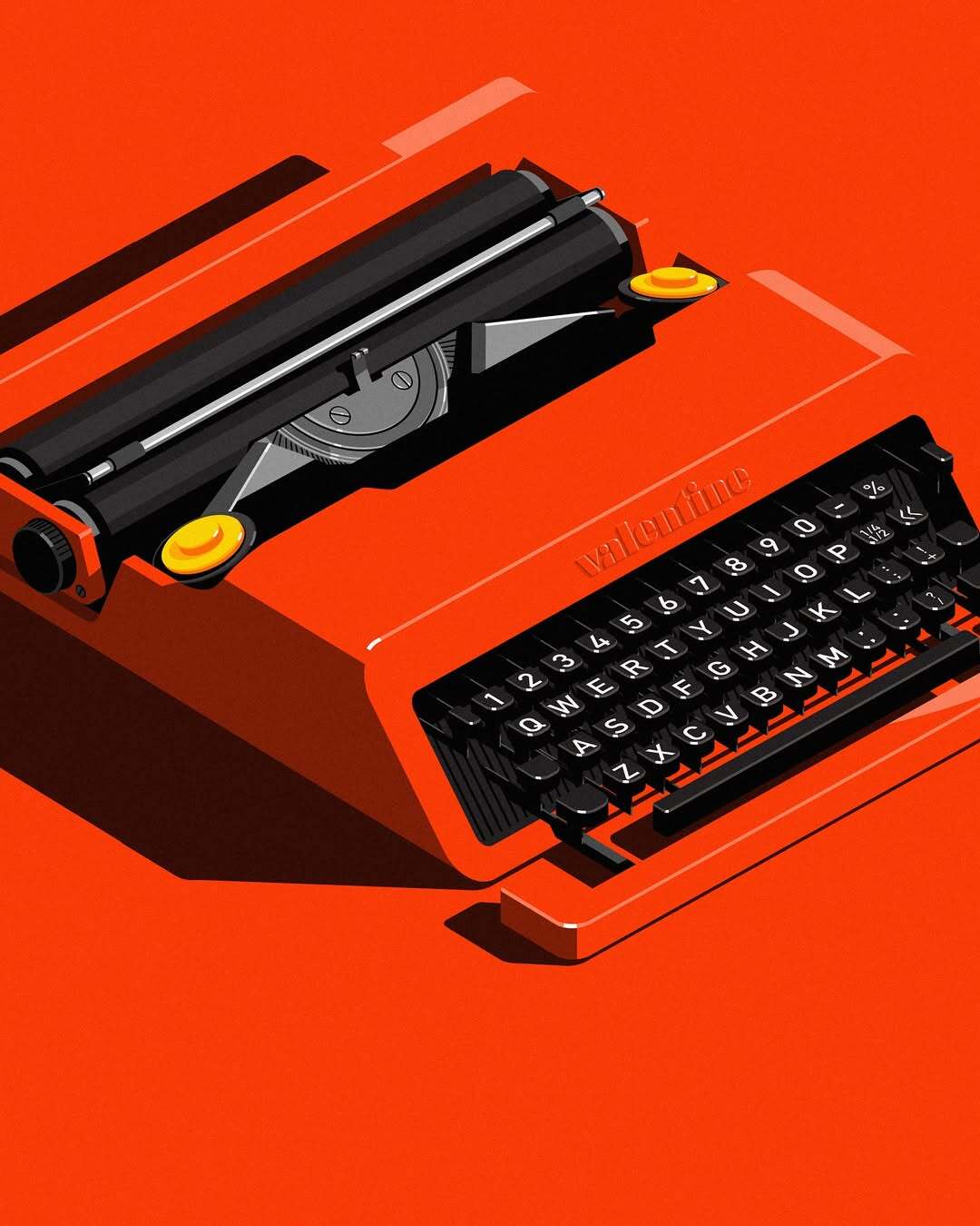 A bright red vintage typewriter with black keys and a roll of paper.